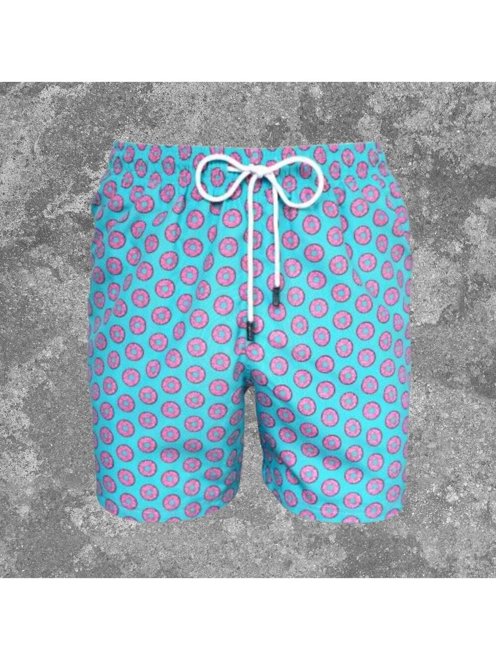 98 Coast Av Donut Print Swim Trunks Mens Medium Teal Pink Graphic Shorts Mesh